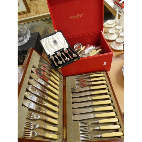 1477 - Cased Set of Fish Forks & Knives, Elkington Coffee Spoons & Box of Assorted Silverplated Cutlery.