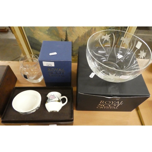 1479 - Boxed Royal Scot Crystal Bowl, Boxed Royal Scot Crystal Vase & Highland Bone China Sugar & Cream.