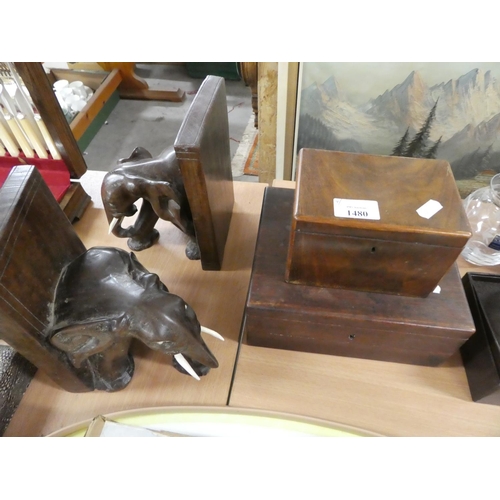 1480 - Antique Mahogany Tea Caddy, Jewellery Box & Pair of Elephant Bookends.