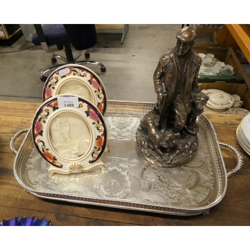 1488 - Two Handled Silverplated Tea Tray, pair of Masons, Ironstone Photo Frames (Mandalay Pattern) & Hered... 