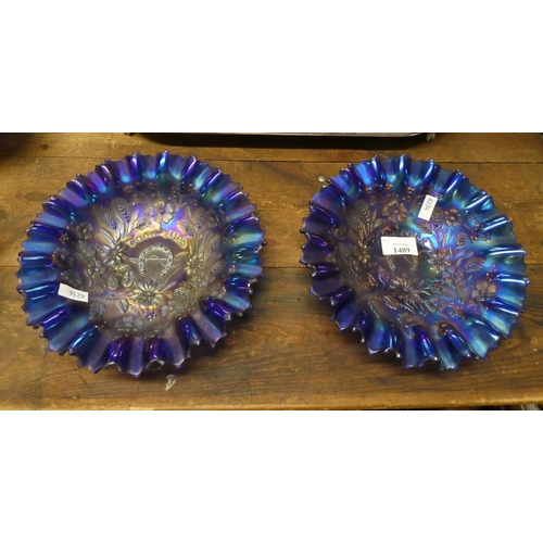 1489 - Pair of Carnival Blue Glass Dishes  with Crimped Rims.