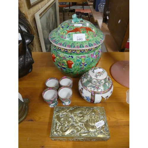 1493 - Chinese Jar & Cover, Ginger Jar, Four Canton Style Egg Cups & One Oriental Embossed Brass Cigarette ... 