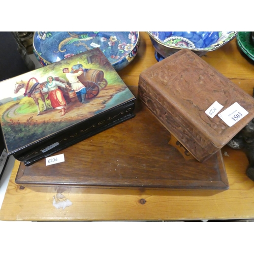 1503 - Russian Trinket Box, Carved Wood Box & Inlaid Mahogany Box.