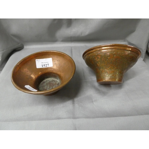 1527 - Pair of Eastern Engraved Copper Bowls, approx 12cm rim diameter.