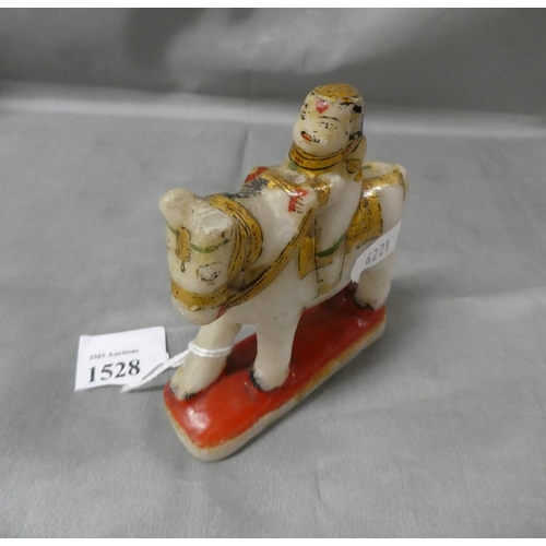 1528 - Small Indian Carved White Marble Figure on Horseback, gilded detail, approx 10cm tall.