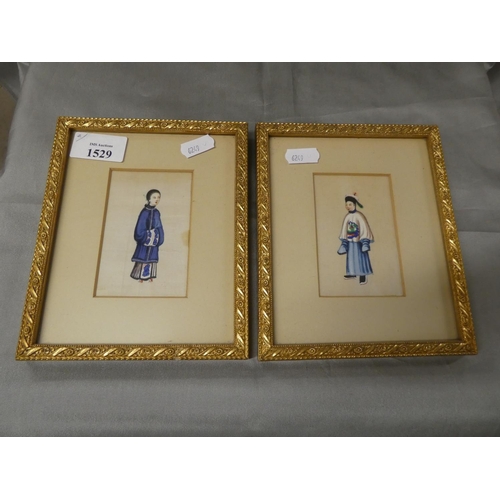 1529 - Pair of Framed Chinese Rice Paper Paintings, Figural Studies, approx 6 x 9cm.