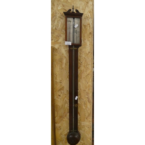 1541 - Antique Mahogany Stick Barometer by Cattle of London, Architectural Pediment, above a covered silver... 