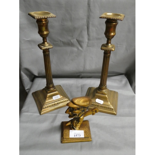 1573 - Pair of Brass Candlesticks & Golfer Desk Paperweight.