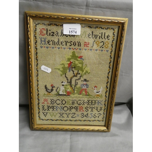 1574 - Framed Sampler Dated 1928, approx 20 x 26cm.