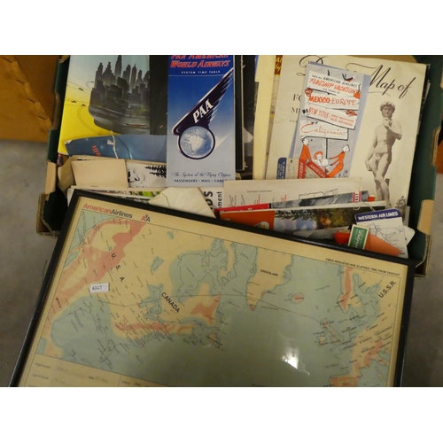 1582 - Framed American Airlines Map & Box of Vintage Travel Collectables, Airline Brochures etc etc.