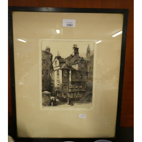 1583 - Framed Black & White Etching - John Knox House Edinburgh, 16 x 21cm.