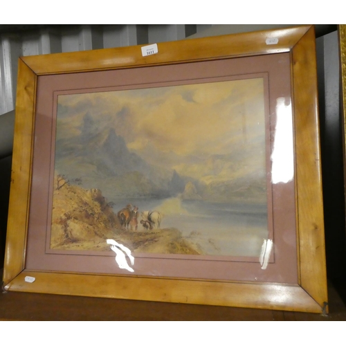 1611 - Victorian Framed Watercolour - Highland Landscape with Figures & Horses in Foreground, approx 49 x 3... 