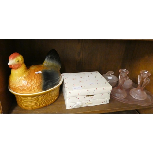 1628 - Pottery Nesting Hen, Art Deco Glass Dressing Set &  Box of Cutlery.