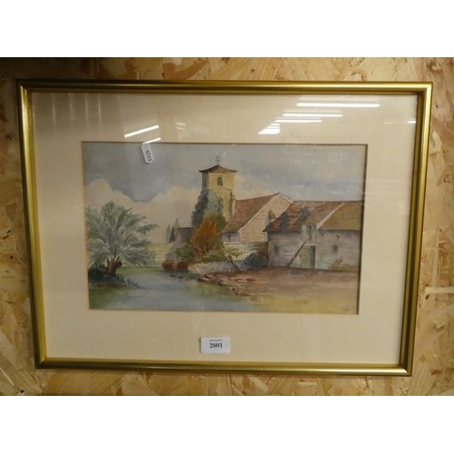 2001 - Framed Watercolour - Continental River Landscape, Signed NDW, approx 36 x 22cm.