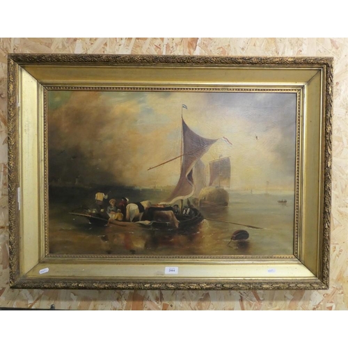 2004 - Large Antique Dutch Framed Oil on Canvas - Ferry, Figures & Horses, approx 75 x 50cm.