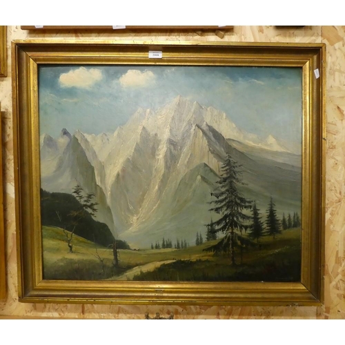 2008 - Framed Oil Painting, Alpine Meadow with Mountains in Distance, Signed Rousseau 1954, approx 78 x 64c... 