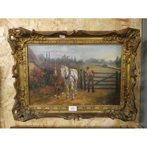 2011 - Framed Oil Painting - Pair of Horses and Attendant Figure, signed J. Valentine 1905, approx 43 x 28c... 