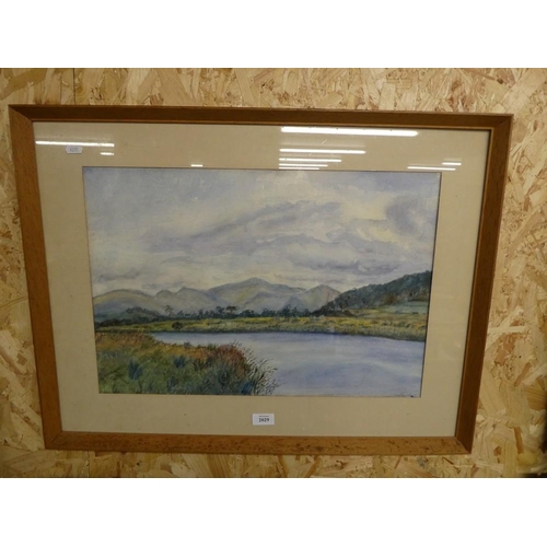 2029 - Framed Watercolour - River with Mountainous Background by J Geddes, approx 55 x 38cm.