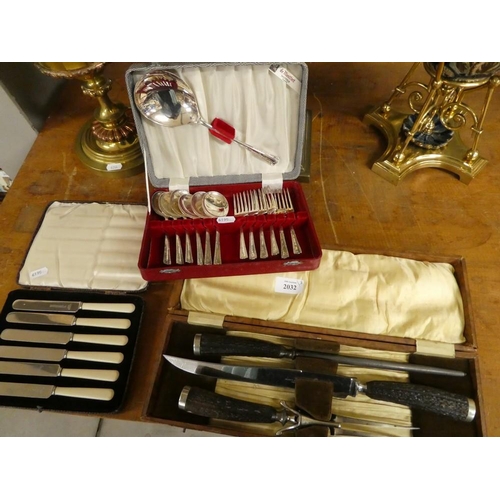 2032 - Three Boxes of Tea Knives, Antler Handled Carving Set & Dessert Set.