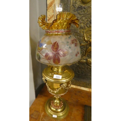 2033 - Victorian Copper & Brass Oil Lamp with Amber & Coloured Glass Shade.