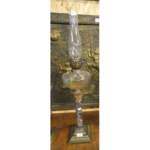 2034 - Victorian Oil Lamp, Glazed Agate Effect Pottery Column with Brass Mounts, Clear Glass Reservoir.