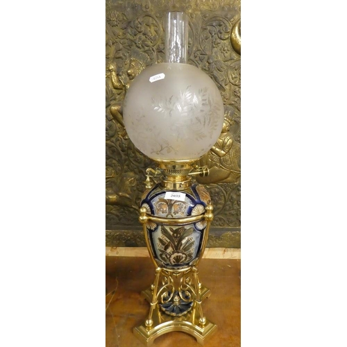 2035 - Victorian Doulton Lambeth Glazed Pottery Oil lamp with Brass Mounts and Opaque Glass Shade.