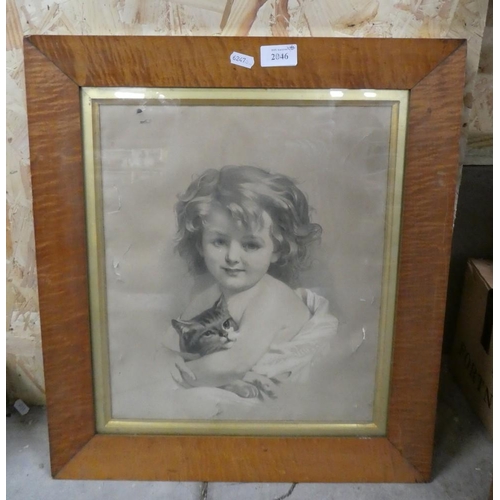 2046 - Victorian Print of a Young Girl in Satinwood Frame.