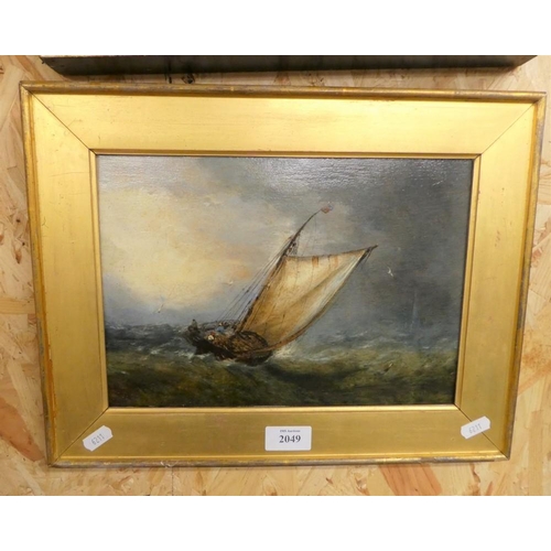 2049 - Antique Framed Oil Painting - Fishing Boat in a Squall, approx 28 x 20.