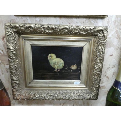 2051 - Framed Oil Painting - Hen Chick, approx 19 x 14cm.