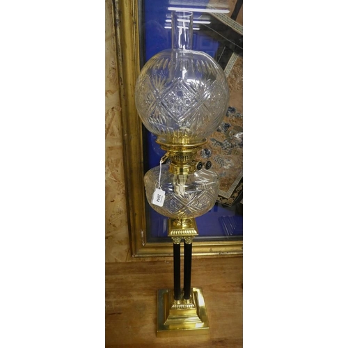 2054 - Victorian Oil Lamp - Brass Mounted Cluster Column, Cut Glass Reservoir & Shade.