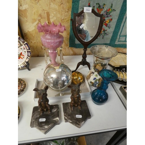 2066 - Pair of Terrier Bookends, Two Witches Balls, Shield Shaped Mirror on Stand, Glass Lustre etc.