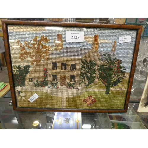 2125 - Early Vintage Framed Embroidered Panel of a House & Garden, approx 29 x 21cm.