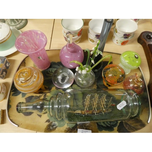 2176 - Tray Lot - Ship in Bottle, Glass Paperweights & Vases.