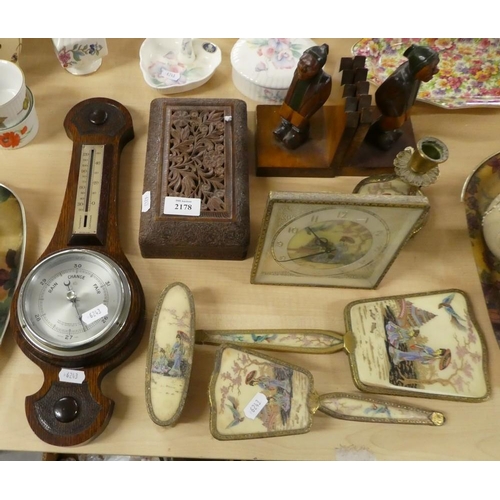 2178 - Oak Cased Barometer, Pair of Wooden Bookends & Dressing Table Set.