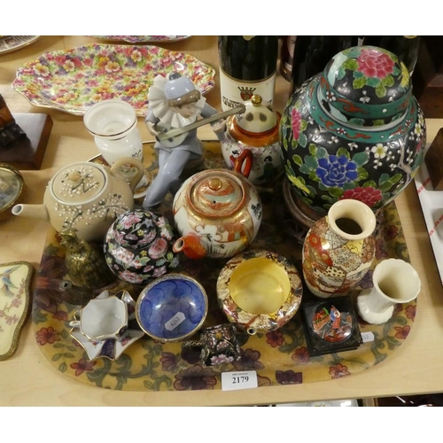 2179 - Tray Lot - Chinese Ginger Jar, Maling Ashtray, Brass Bell etc.