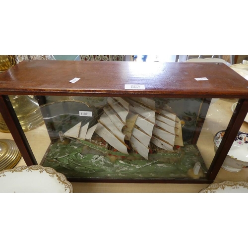 2207 - Cased Vintage Model Three Mast Sailing Ship - approx 54cm across.