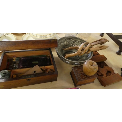 2209 - Victorian Mahogany Portable Writing Slope (& Drawing Instruments), Wooden Bookends etc.