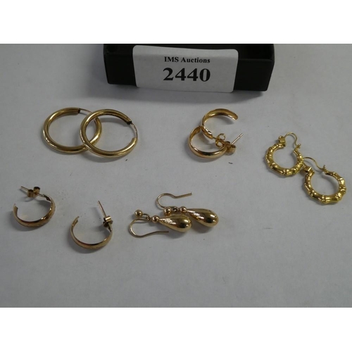 2440 - Five Pairs of 9ct Gold Earrings, 3.3g total weight.