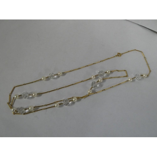 2461 - Gold Plated Crystal & Faux Pearl Necklace, approx 92cm long.