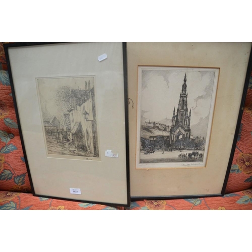 3027 - Two Framed Engravings, Scott Monument & Village Scene.