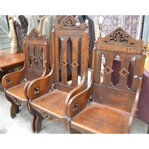 3049 - 3 Antique Oak Masonic Chairs From The City of London Lodge