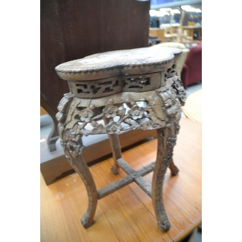 3061 - Chinese Carved Mahogany Marble Top Plant Stand