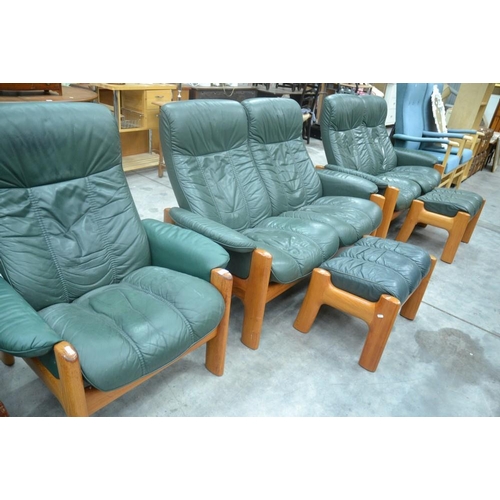 3107 - Ekornes Green Leather 2 x 2 Seaters, Chair & 2 Footstools