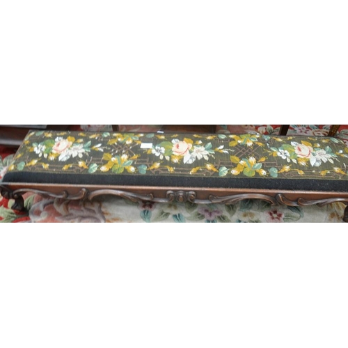 3487 - Victorian Oak Long Footstool with Embroidered Beadwork Upholstery