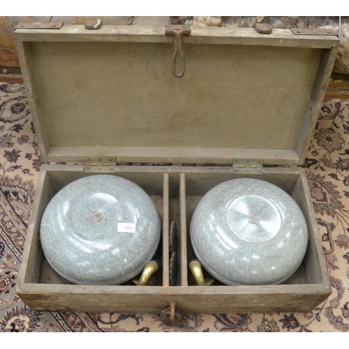 3494 - Pair of Curling Stones and Handles in Fitted Storage/Transport Metal Bound Wooden Box