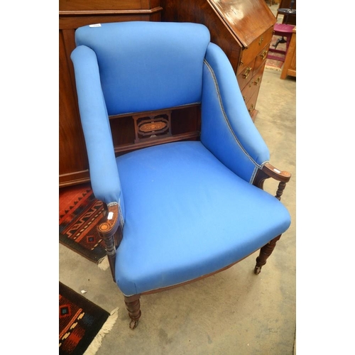 3514 - Victorian Mahogany Inlaid Armchair with Blue Upholstery