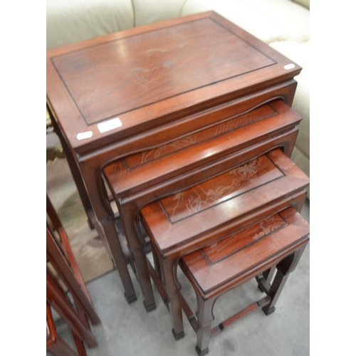 3524 - Chinese Rosewood Nest of 4 Tables with White Metal inlaid Decoration