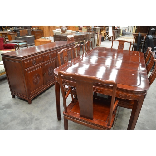 3530 - Chinese Rosewood Extending Dining Table, 2 Leaves, 6 Chairs & 2 Carvers, with Matching Sideboard