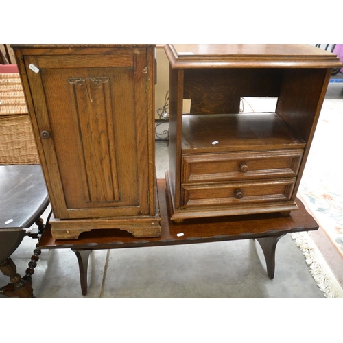 3547 - Oak Linen Fold Pot Cupboard, Oak Bedside Cabinet & Coffee Table