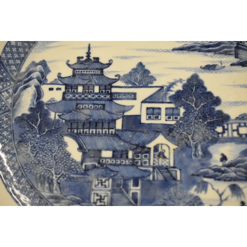 1525 - Antique Chinese Underglazed Blue Willow Pattern Meat Plate, approx 40cm across.